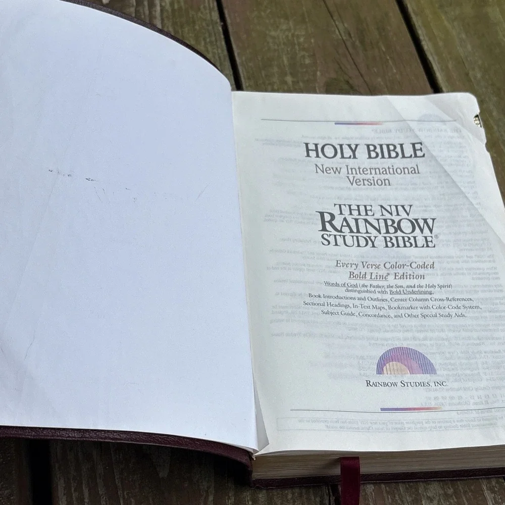 Rainbow Study Bible NIV Burgundy Red Leather Color Coded Verse Bold Line Vtg 90s